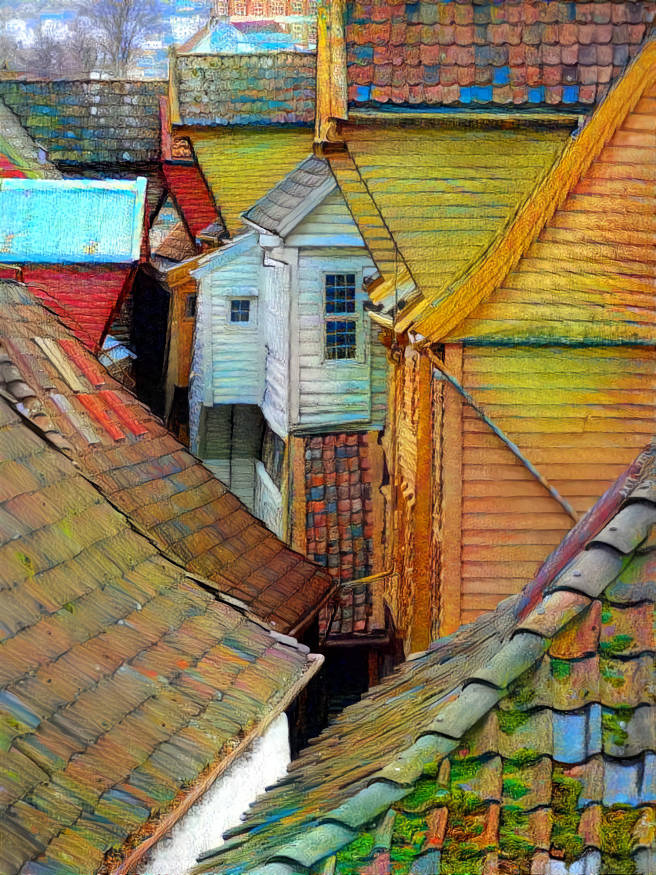 Once upon a time... rooftops in Bryggen Hanseatic Wharf, Bergen, Norway. Style is a crop of a painting by Albena Vacheva.