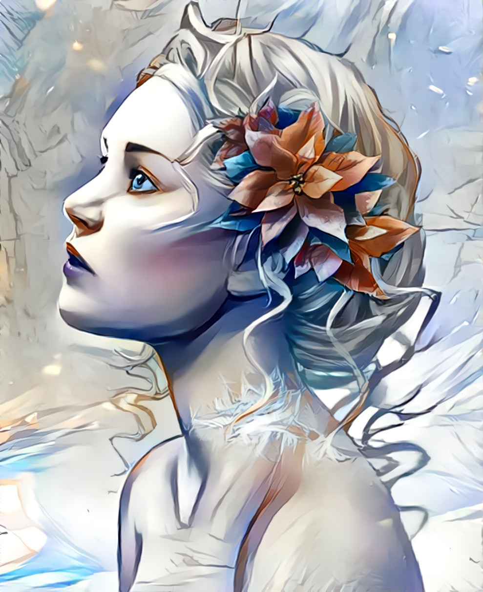 Her beautiful white skin was only matched by fire in her soul, like the poinsettia in her hair. She looked radiant in her lover’s eyes, surrendering to her romantic stare. ~DWH~ image art courtesy of Cris Ortega.