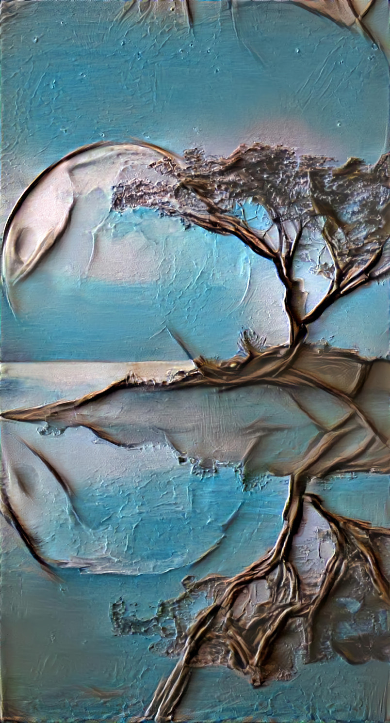 tree & moonshine reflection on lake blue & white
