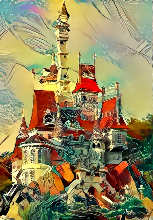 castle is distorted into cartoon - orange, cream