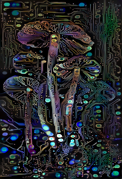 mushrooms, neon circuit