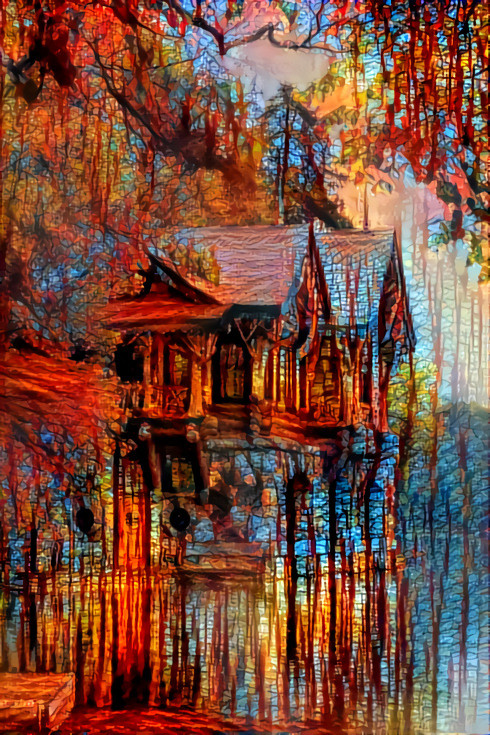 house on the water, red, blue, trees, reflection