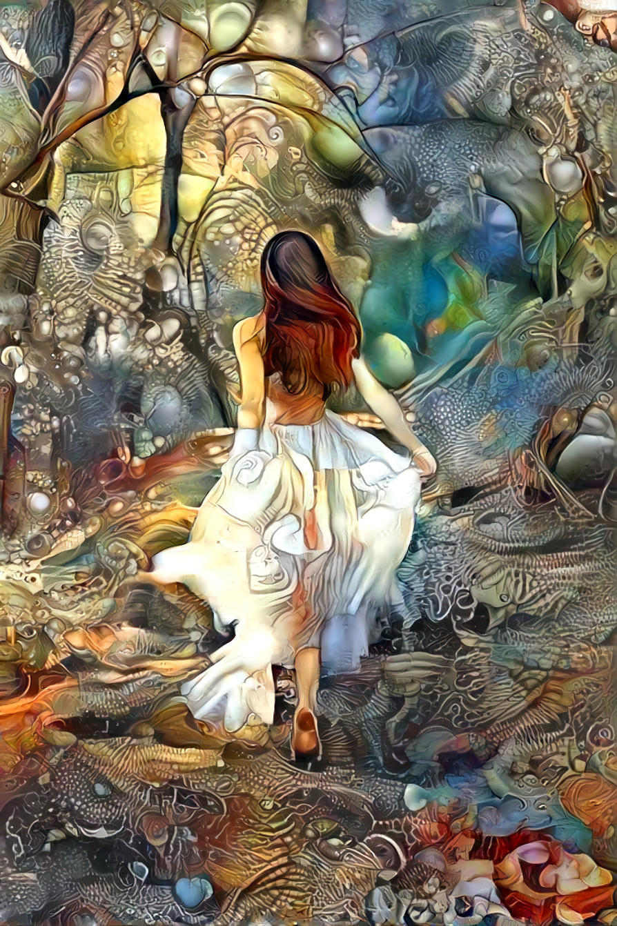 woman runs through woods in flowing dress, organic