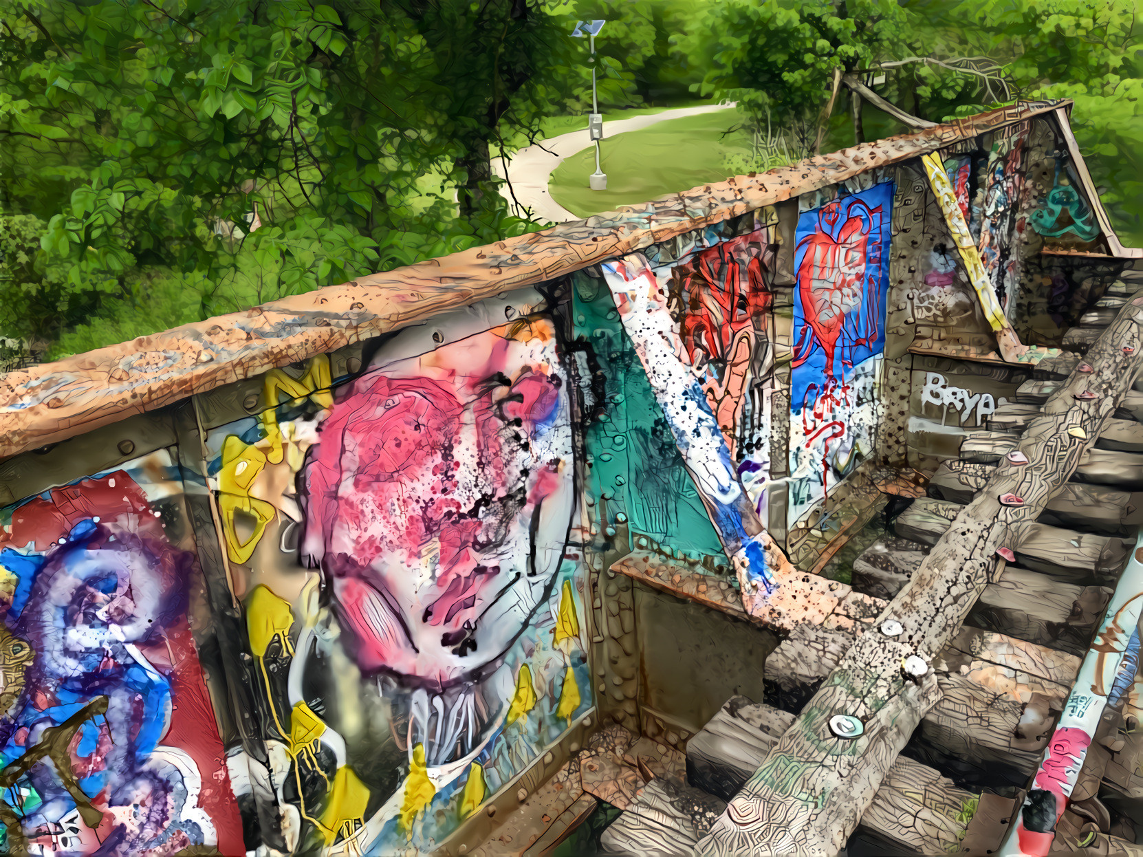 Pastel graffiti-splatter on vintage bridge