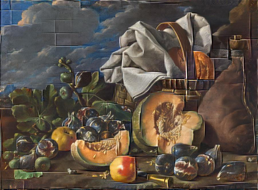 Museo del Prado. Bodegón con melón y brevas, manzanas, bota de vino y cesta de merienda en un paisaje
