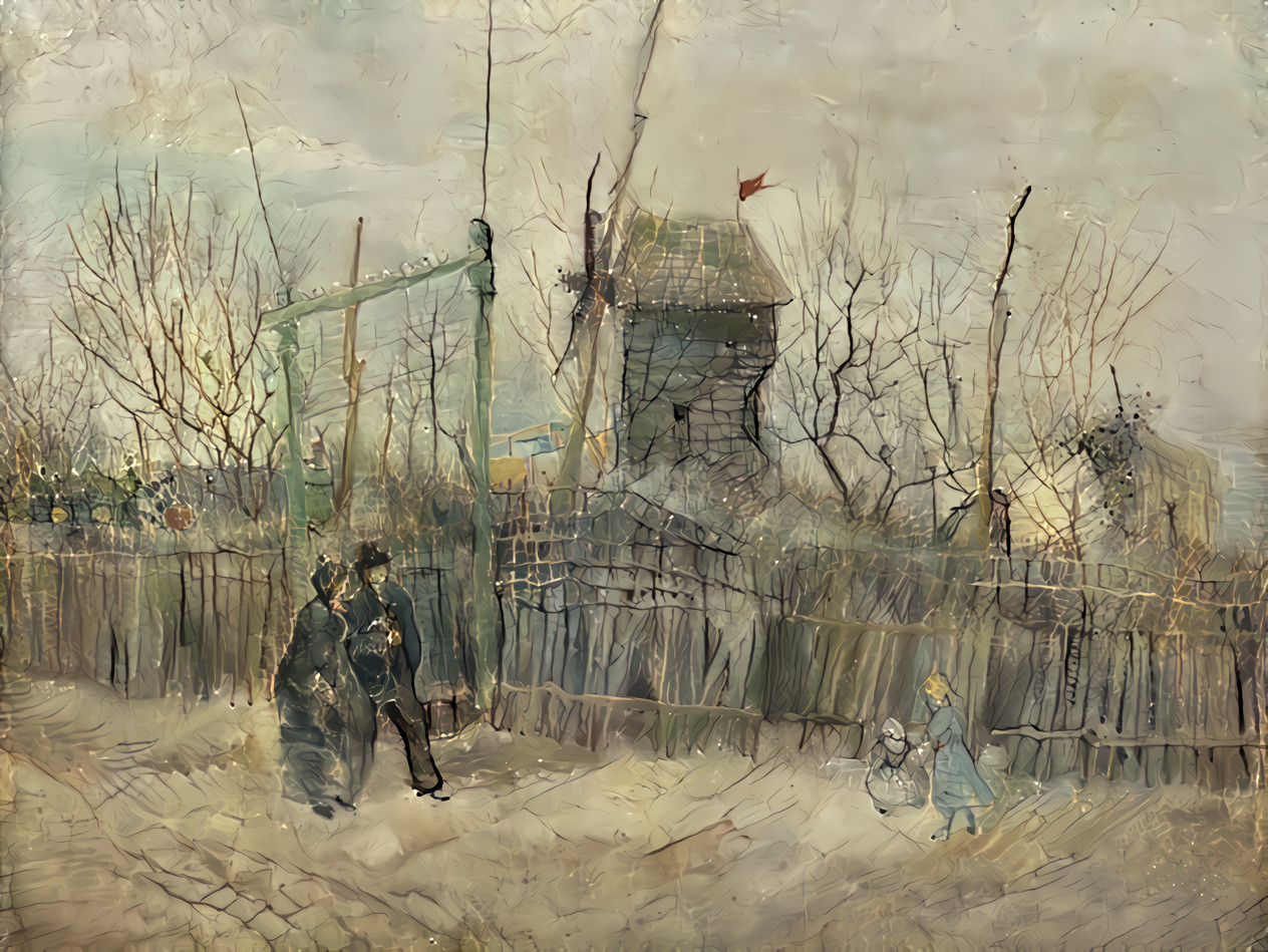 Style: "Scene de rue a Montmartre (Impasse des deux freres et le moulin à Poivre)," 1887 by Dutch painter Vincent Van Gogh