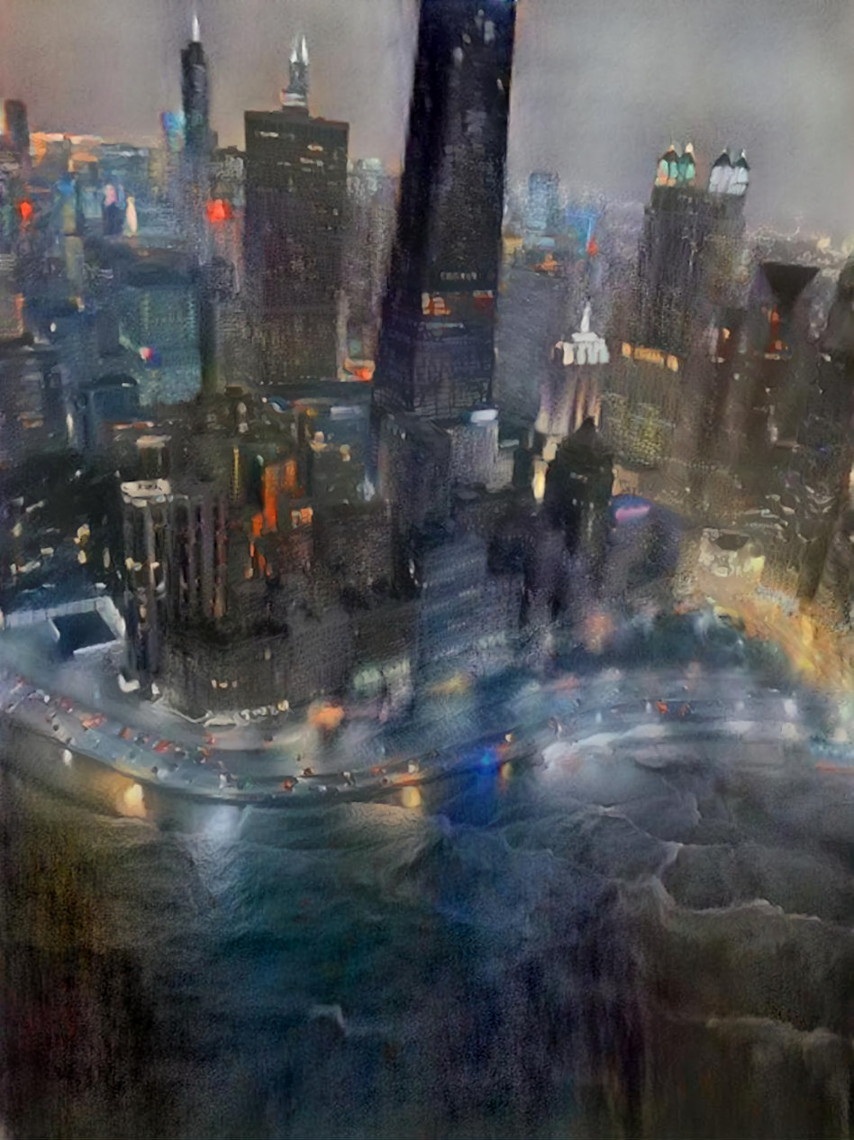 city waterfront skyline nite from above painting