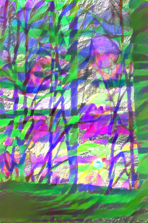 trees with sun behind - painting, green, purple