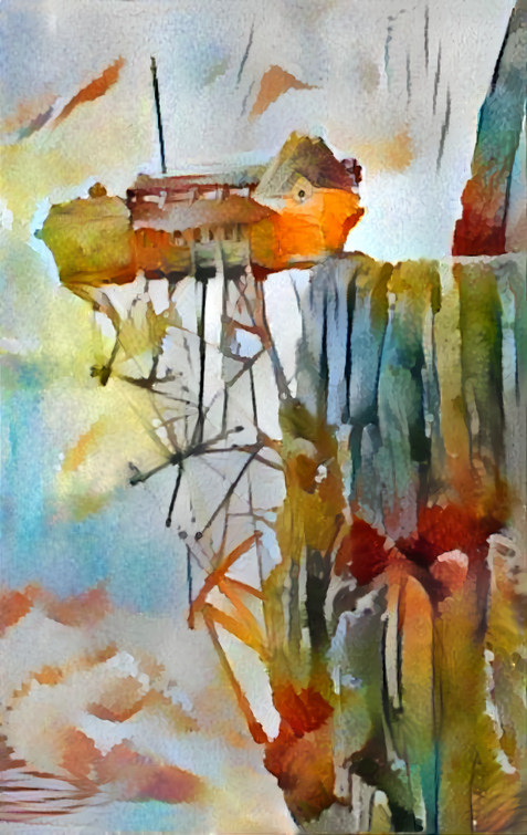house barely holding to edge of cliff, watercolors