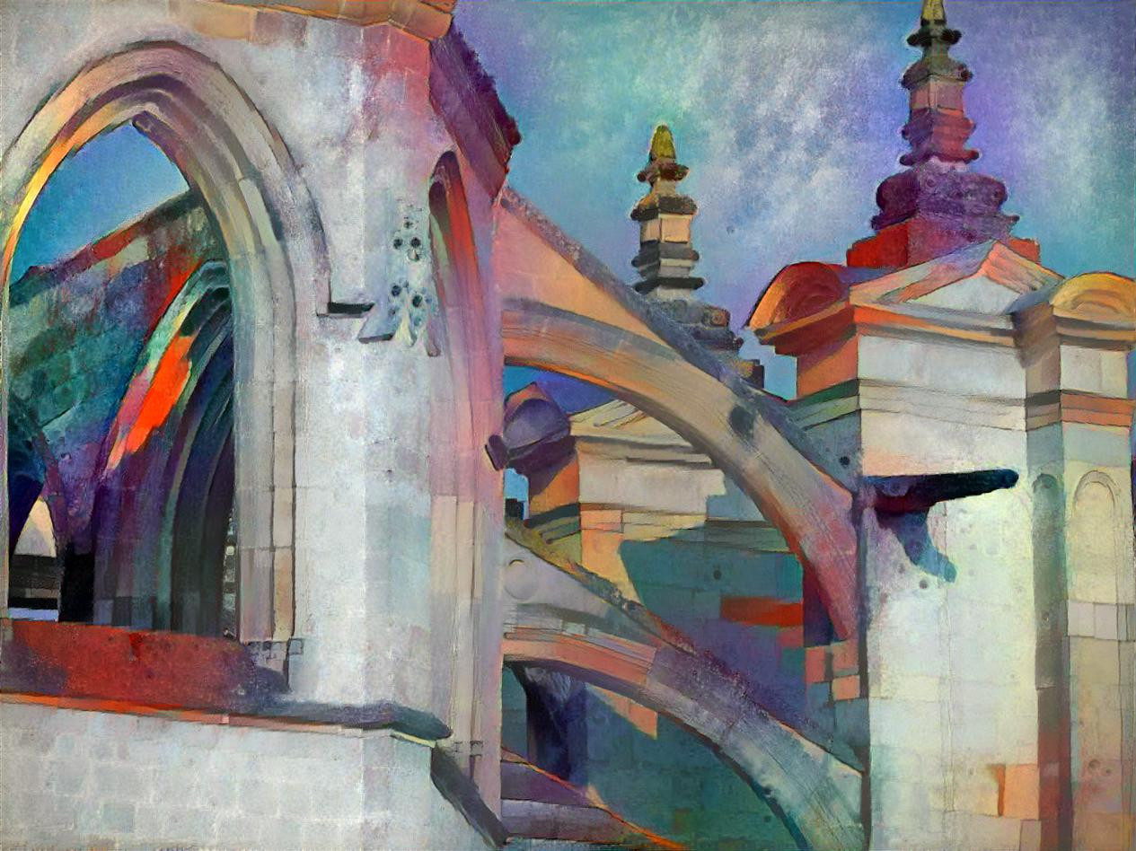 Refraction. Caen buttresses styled with Wassily Kandinsky's Hommage A Grohmann