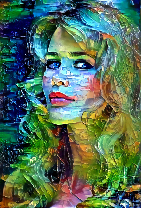 claudia schiffer, yellow, blue, green, oil paint