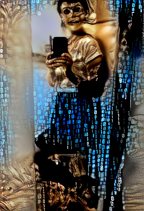 Aisling Bea closet mirror selfie, blue matrix gold