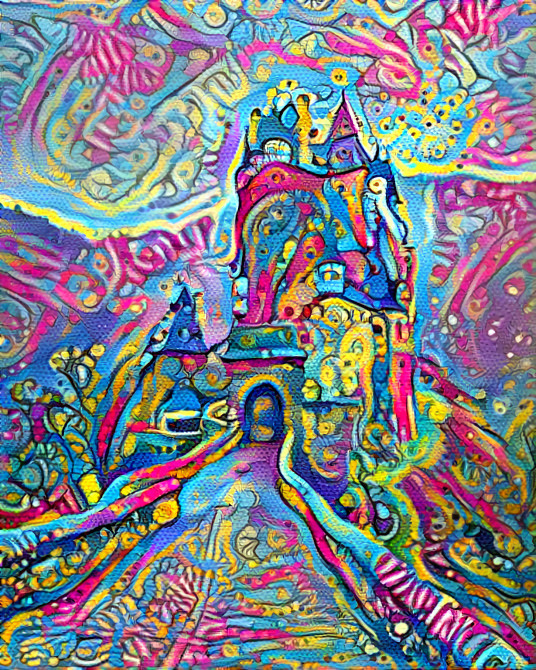 castle - pink, blue, yellow, psychadelic