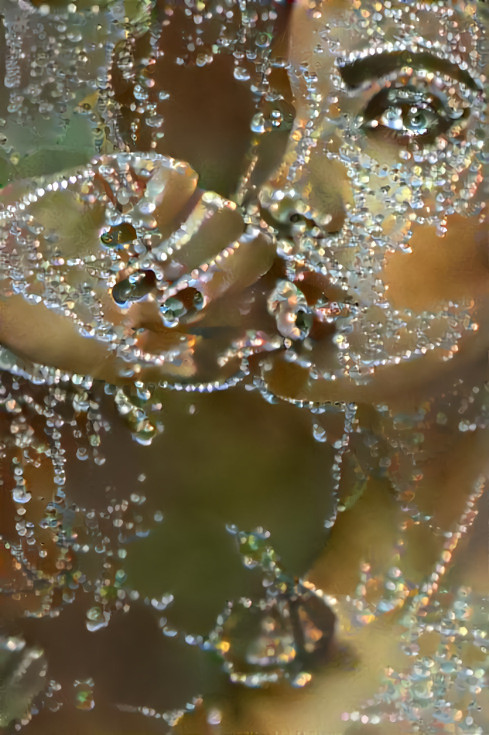 model touching mouth - dew drops on spider webs