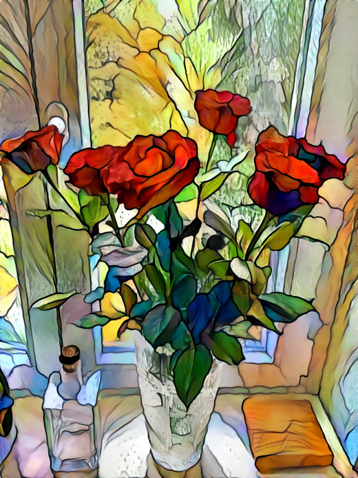 Another bouquet of roses with view to our backyard garden I-02