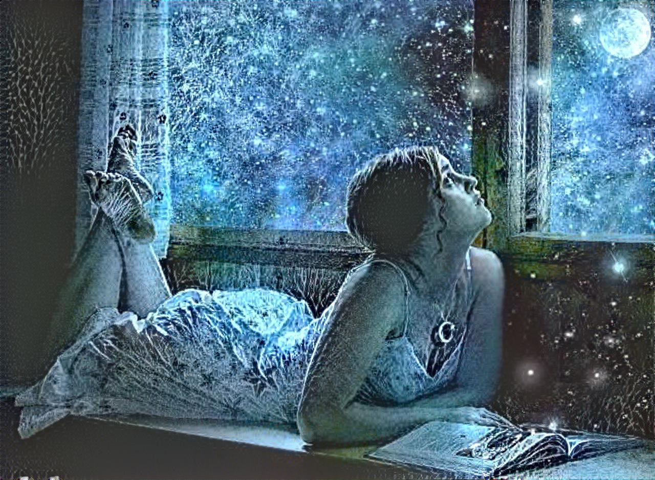 Moon dreaming with the stars, like falling snow surrounding her soul. ~DWH~ image courtesy of artist Patricia Brennan