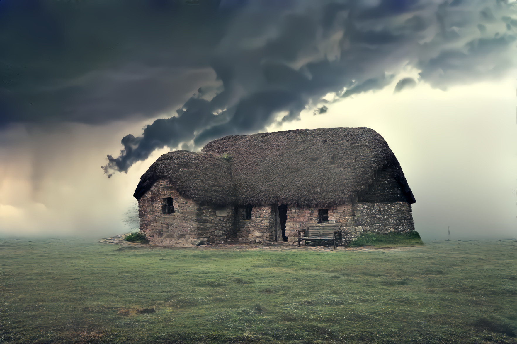 Stone House, Thatched Roof, Storm Clouds