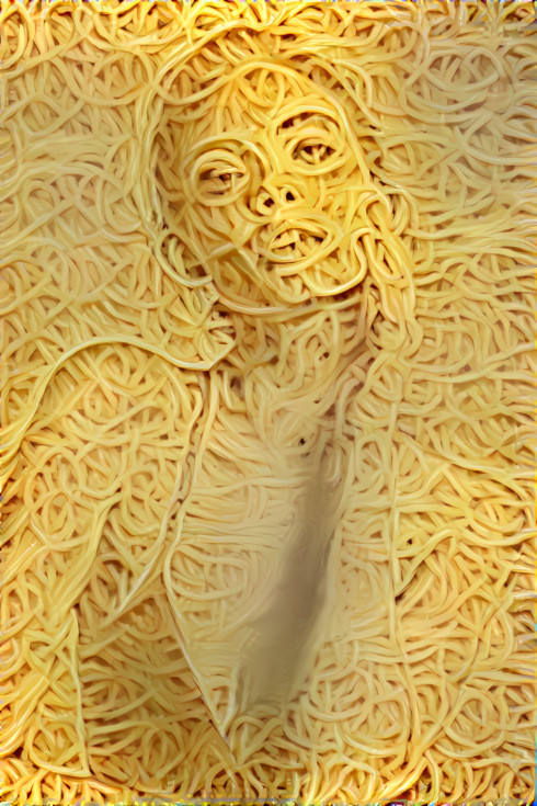model touching cheek made with spaghetti